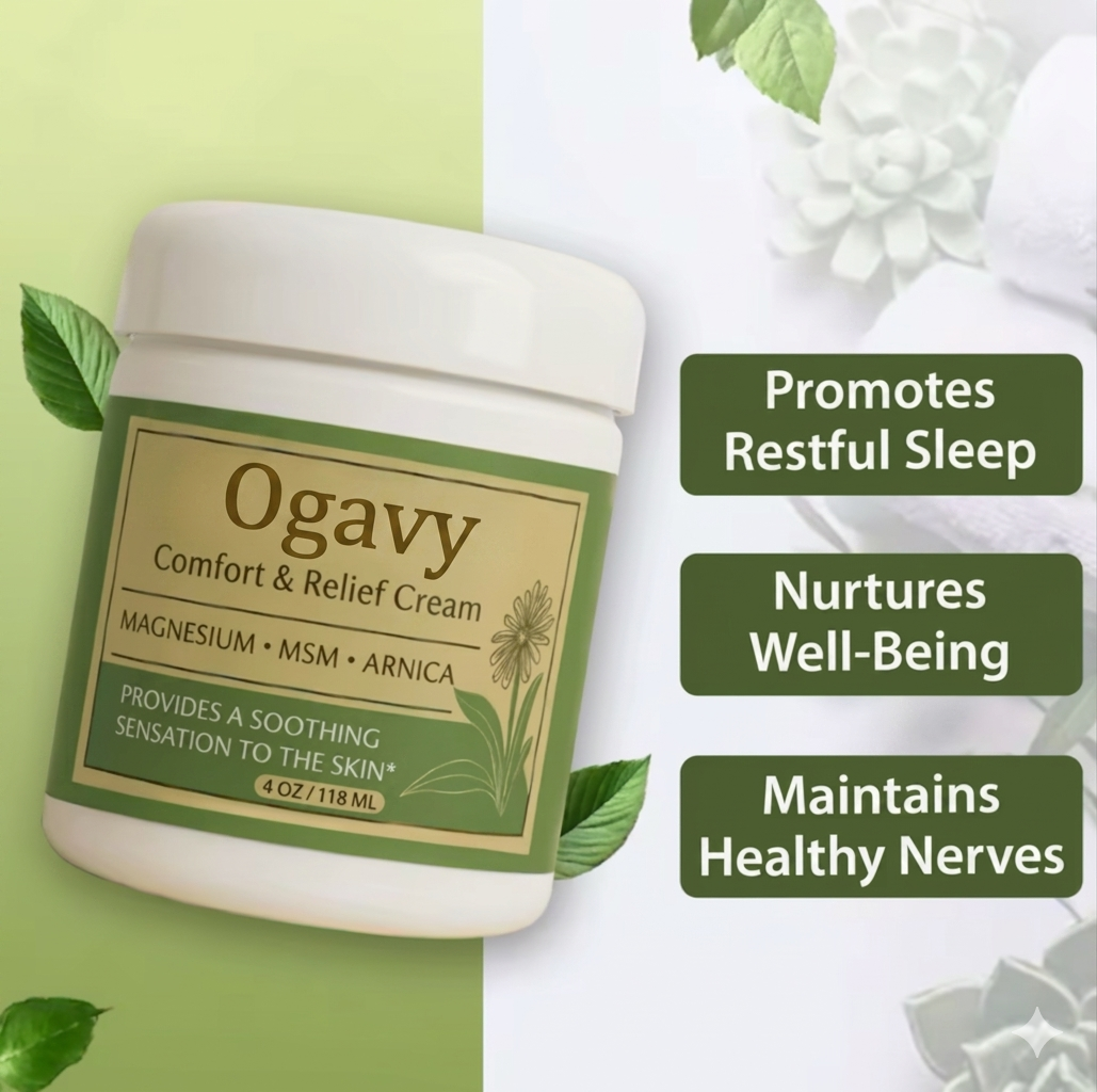 Ogavy Comfort & Relief Cream jar with green label on a light green background