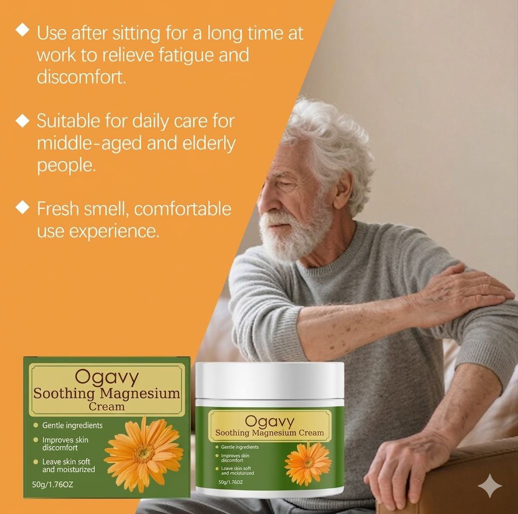 Ogavy Soothing Magnesium Cream packaging with an elderly man sitting and text about its benefits.